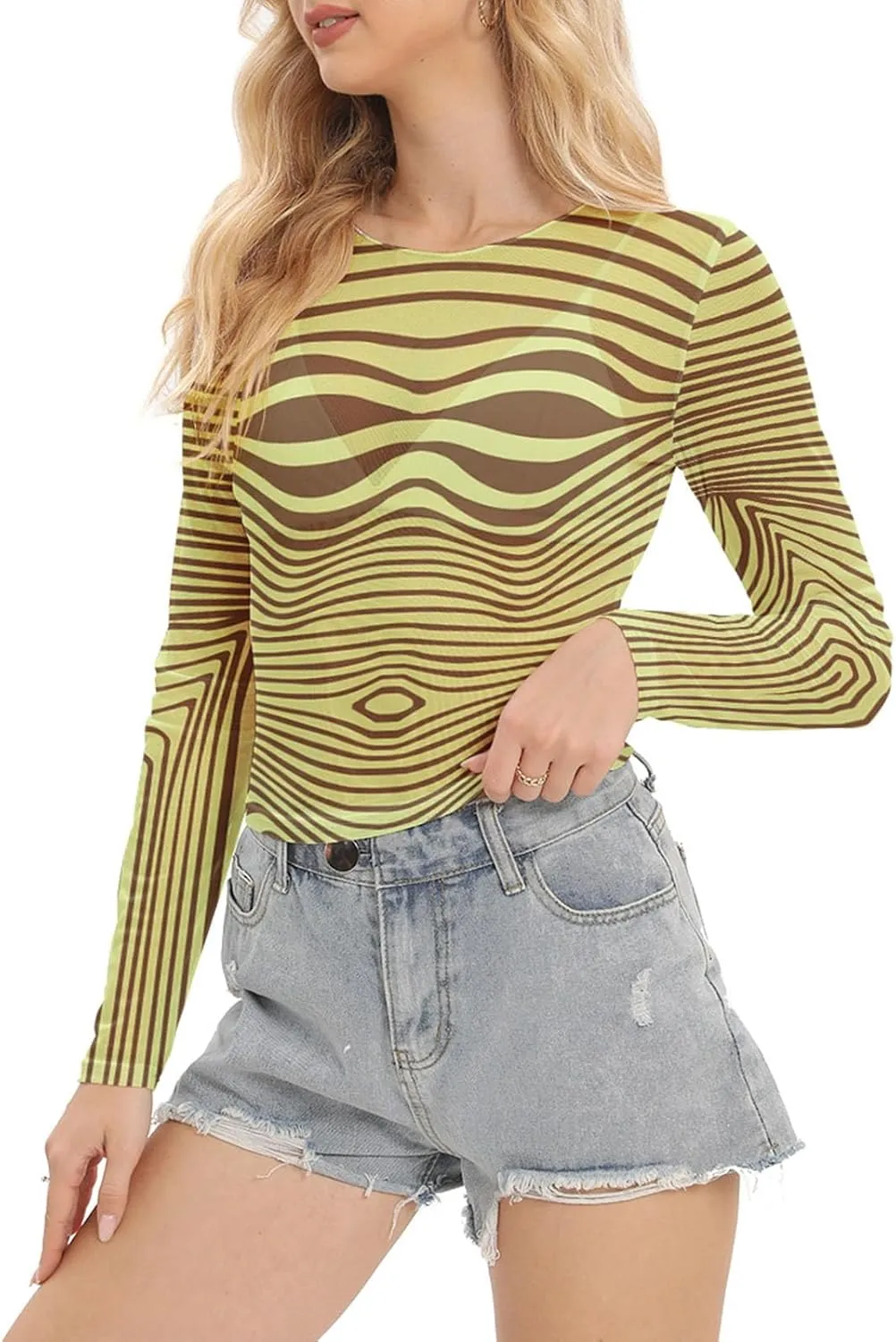 Women Mesh Printed Crop Top Shirt Long-Sleeved Slim Cool T-Shirts Modern Punk Street Tops