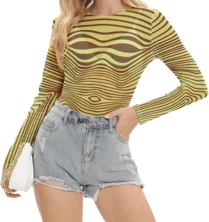 Women Mesh Printed Crop Top Shirt Long-Sleeved Slim Cool T-Shirts Modern Punk Street Tops