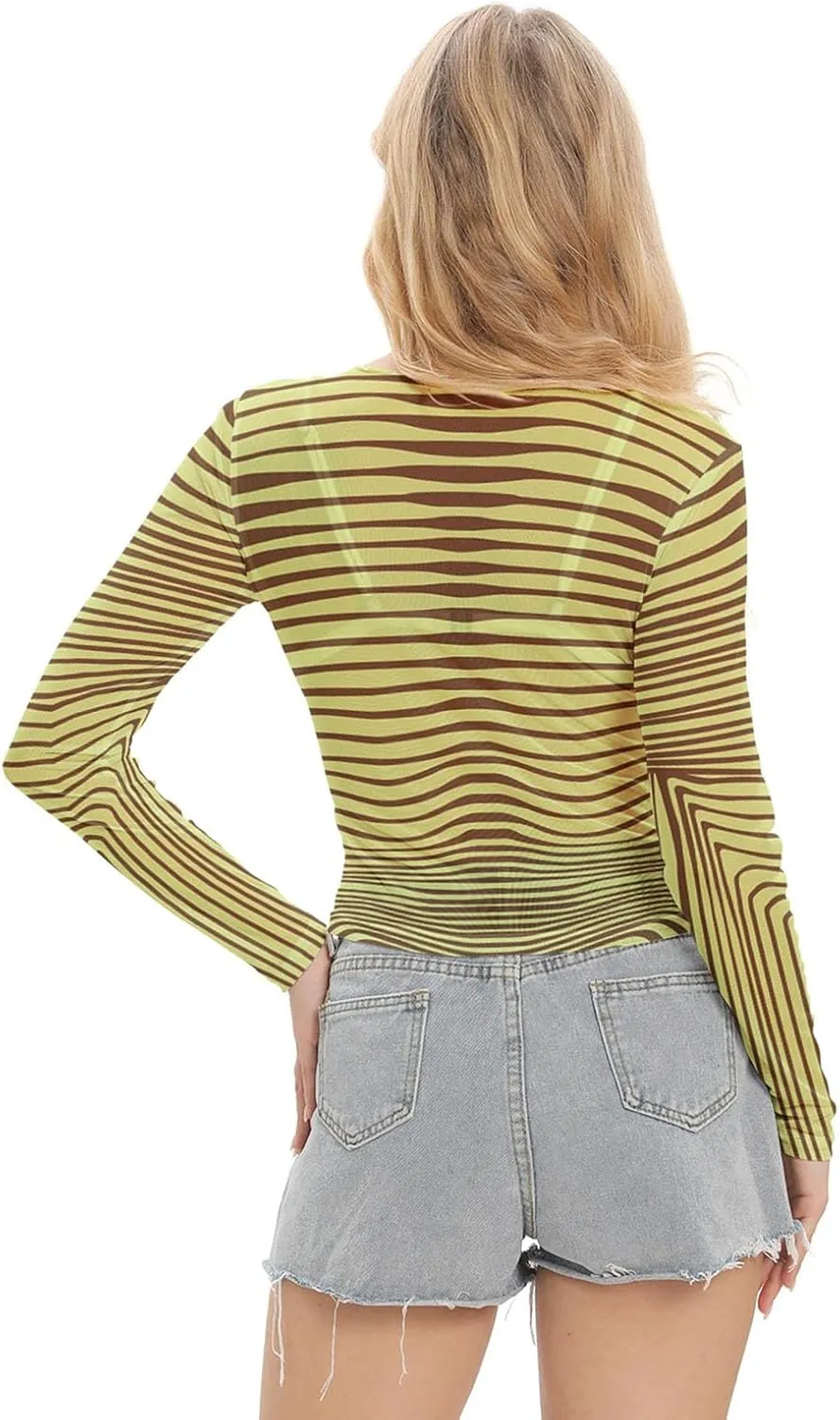 Women Mesh Printed Crop Top Shirt Long-Sleeved Slim Cool T-Shirts Modern Punk Street Tops