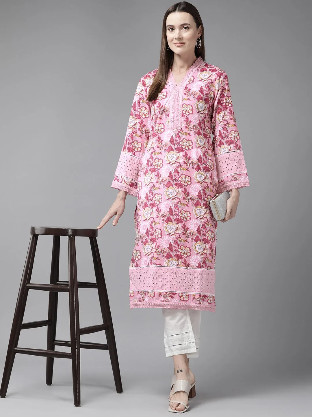 Women Pink Pure Cotton kurta set with embroidery Kurta Trouser Set