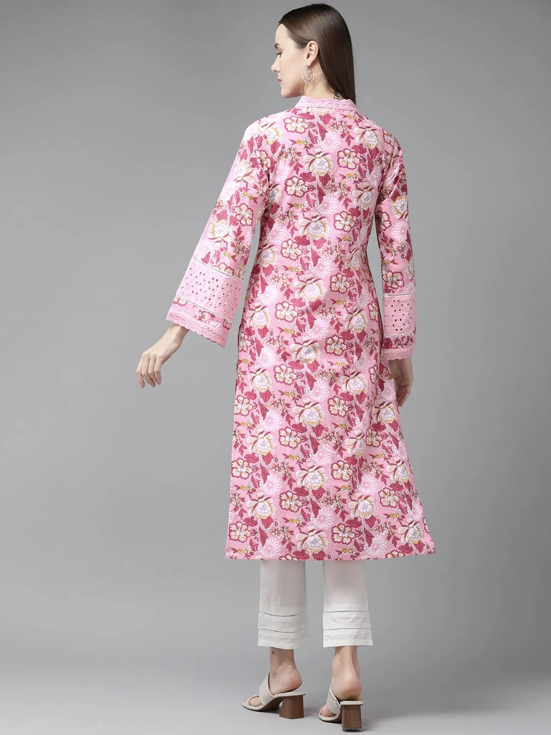 Women Pink Pure Cotton kurta set with embroidery Kurta Trouser Set