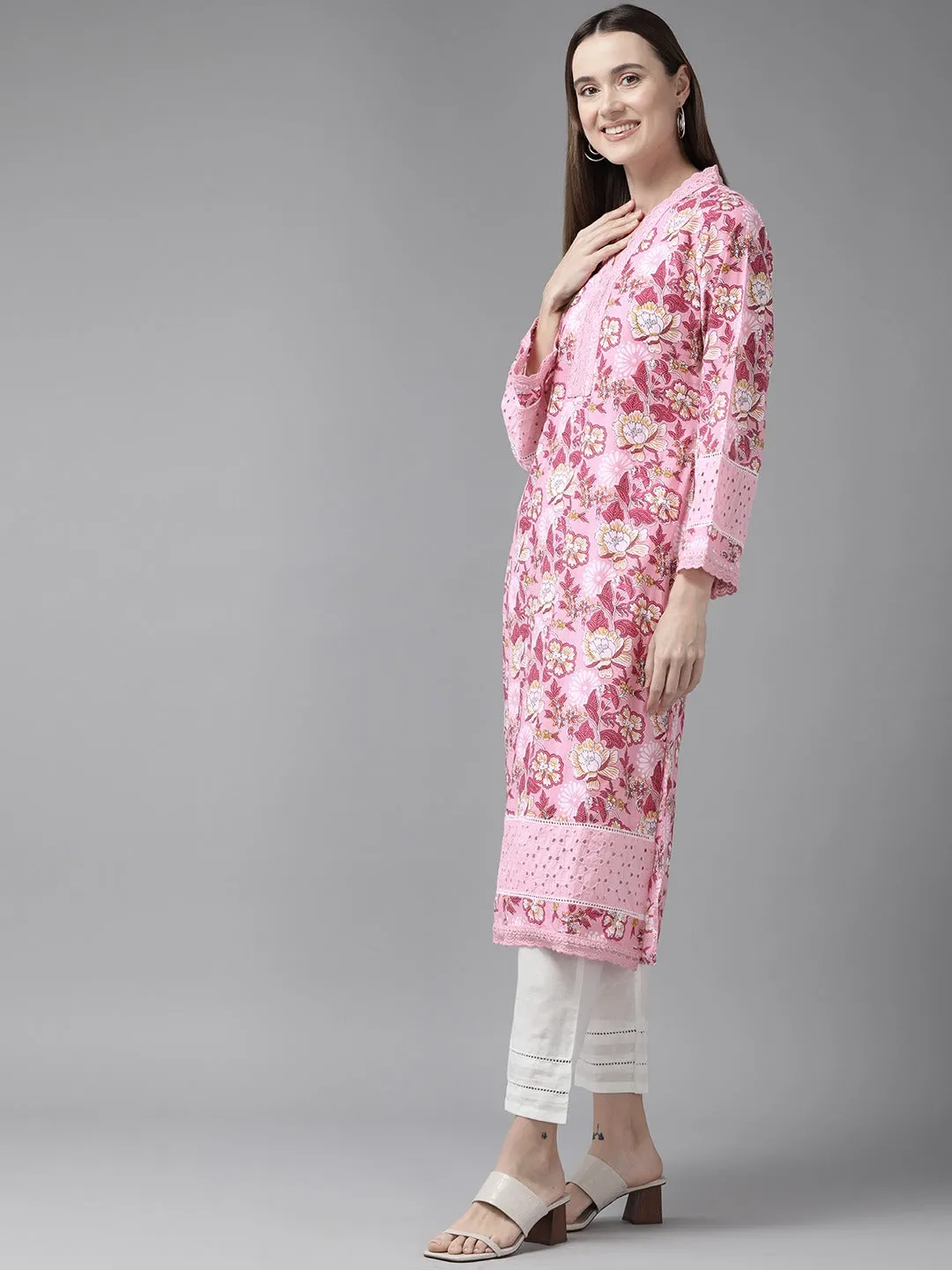 Women Pink Pure Cotton kurta set with embroidery Kurta Trouser Set