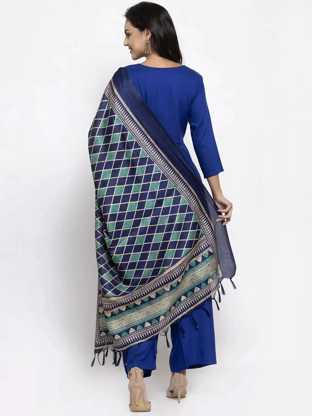 Women Royal-Blue Solid Kurta With Palazzos & Art-Silk Printed Dupatta