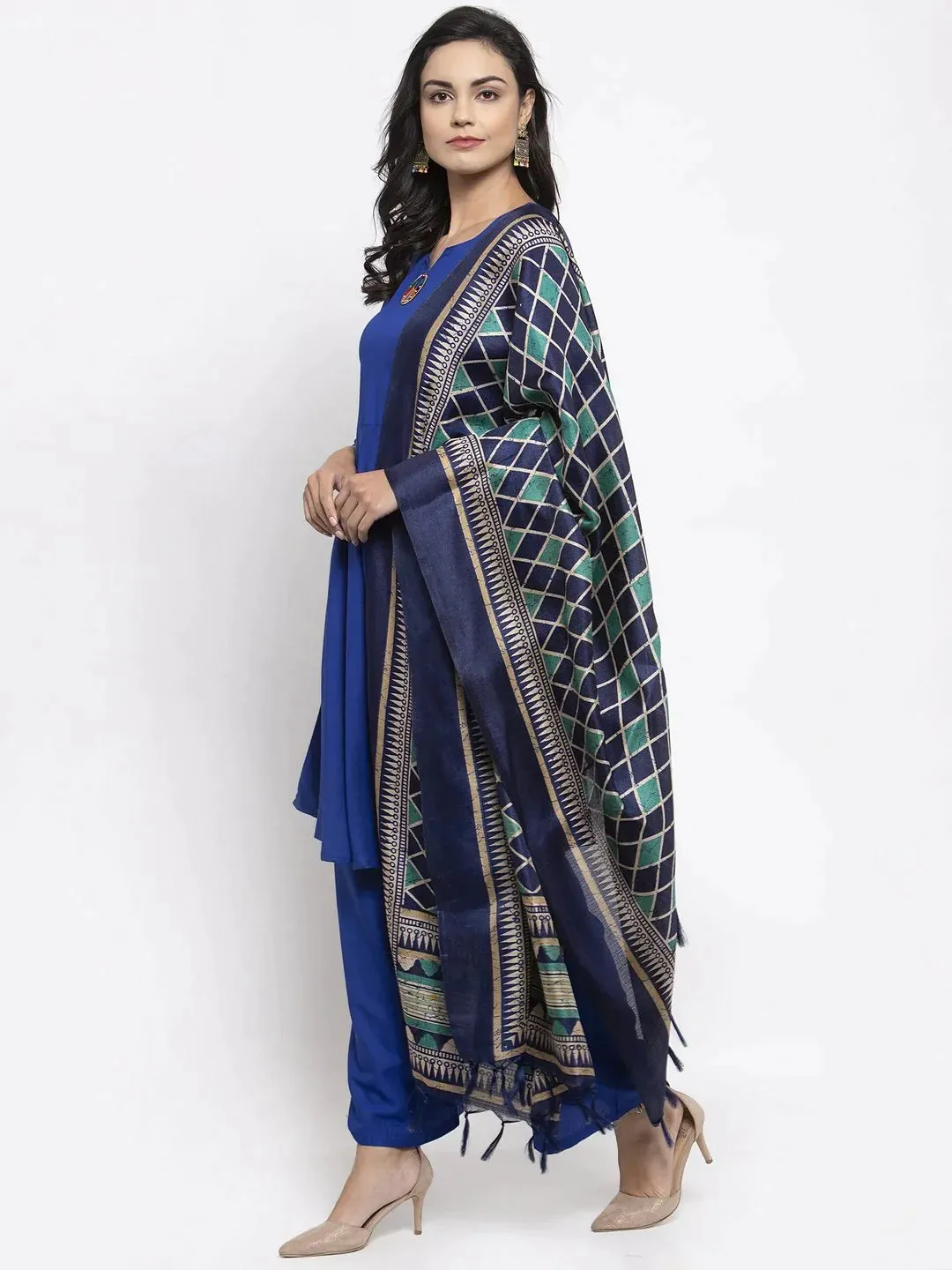 Women Royal-Blue Solid Kurta With Palazzos & Art-Silk Printed Dupatta
