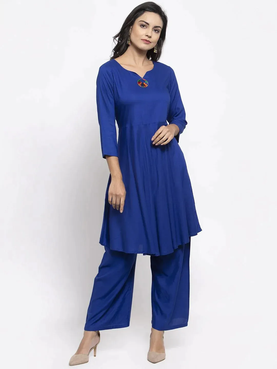 Women Royal-Blue Solid Kurta With Palazzos & Art-Silk Printed Dupatta