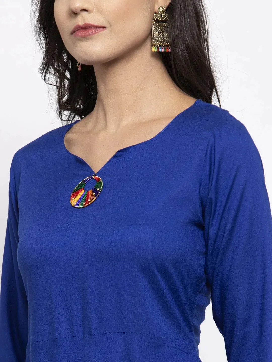 Women Royal-Blue Solid Kurta With Palazzos & Art-Silk Printed Dupatta