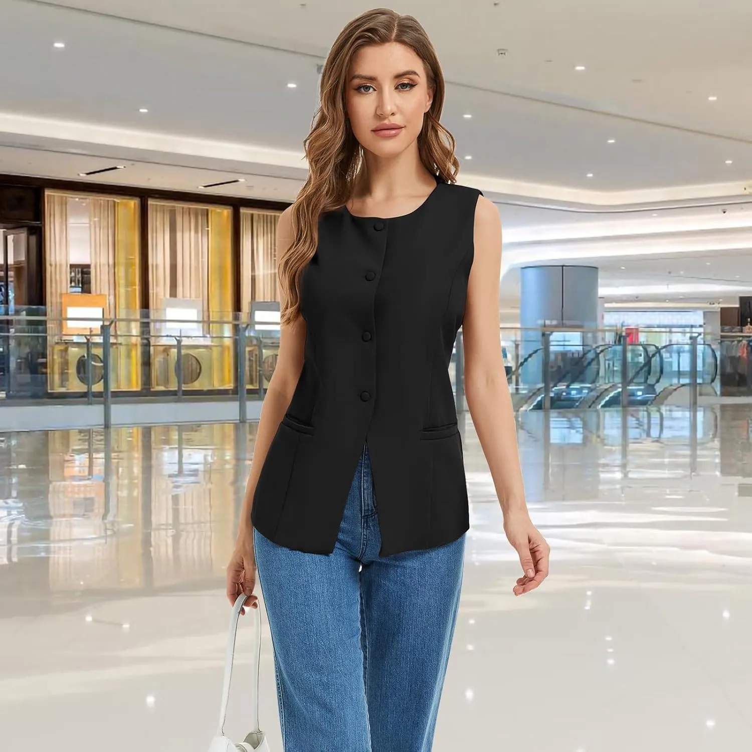 Women Summer Suit Vest Business Tops Sleeveless Button Down Blazer Modern Casual Waistcoat Office Formal Dressy Vest