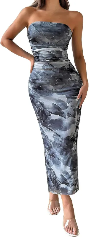 Womens 2025 Strapless Maxi Dress Sexy Printed Slip Side Tube Top Bodycon Long Dress Elegant Formal Cocktail Outfits