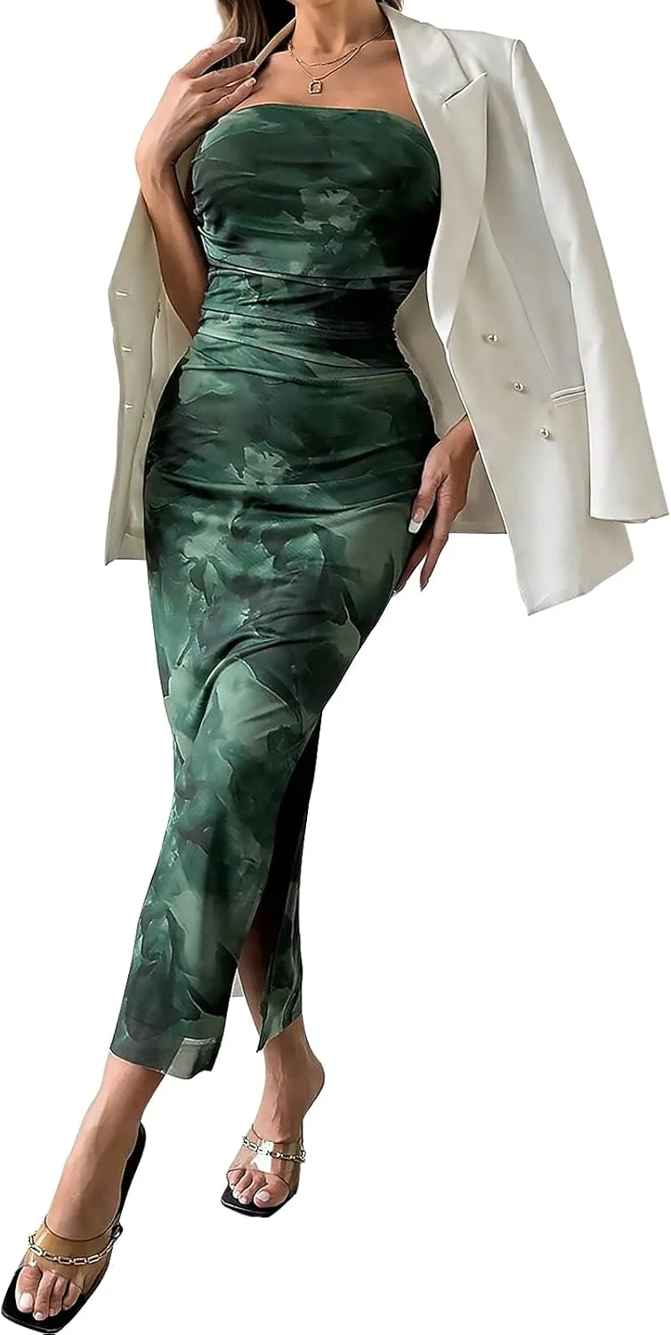 Womens 2025 Strapless Maxi Dress Sexy Printed Slip Side Tube Top Bodycon Long Dress Elegant Formal Cocktail Outfits