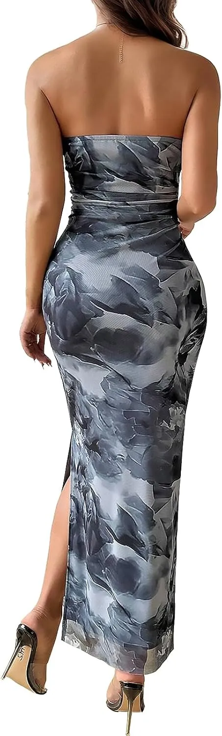 Womens 2025 Strapless Maxi Dress Sexy Printed Slip Side Tube Top Bodycon Long Dress Elegant Formal Cocktail Outfits