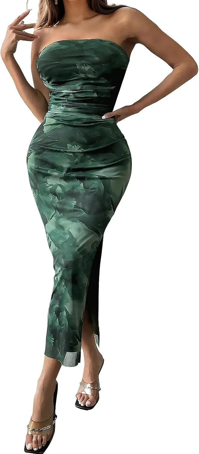 Womens 2025 Strapless Maxi Dress Sexy Printed Slip Side Tube Top Bodycon Long Dress Elegant Formal Cocktail Outfits