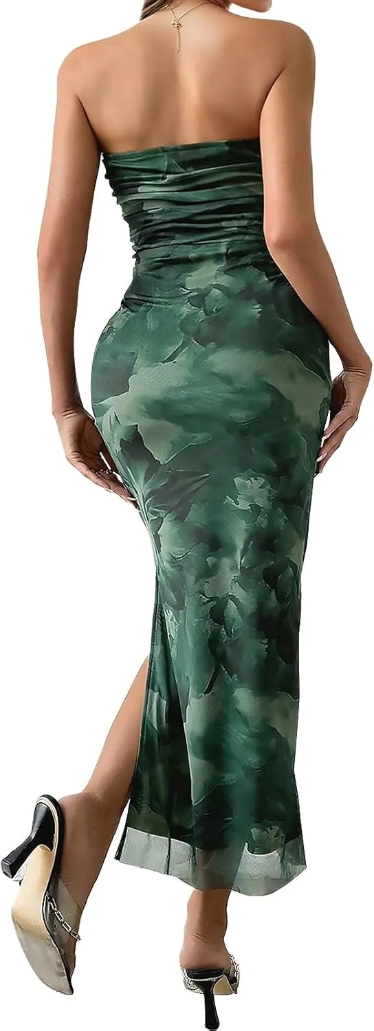 Womens 2025 Strapless Maxi Dress Sexy Printed Slip Side Tube Top Bodycon Long Dress Elegant Formal Cocktail Outfits