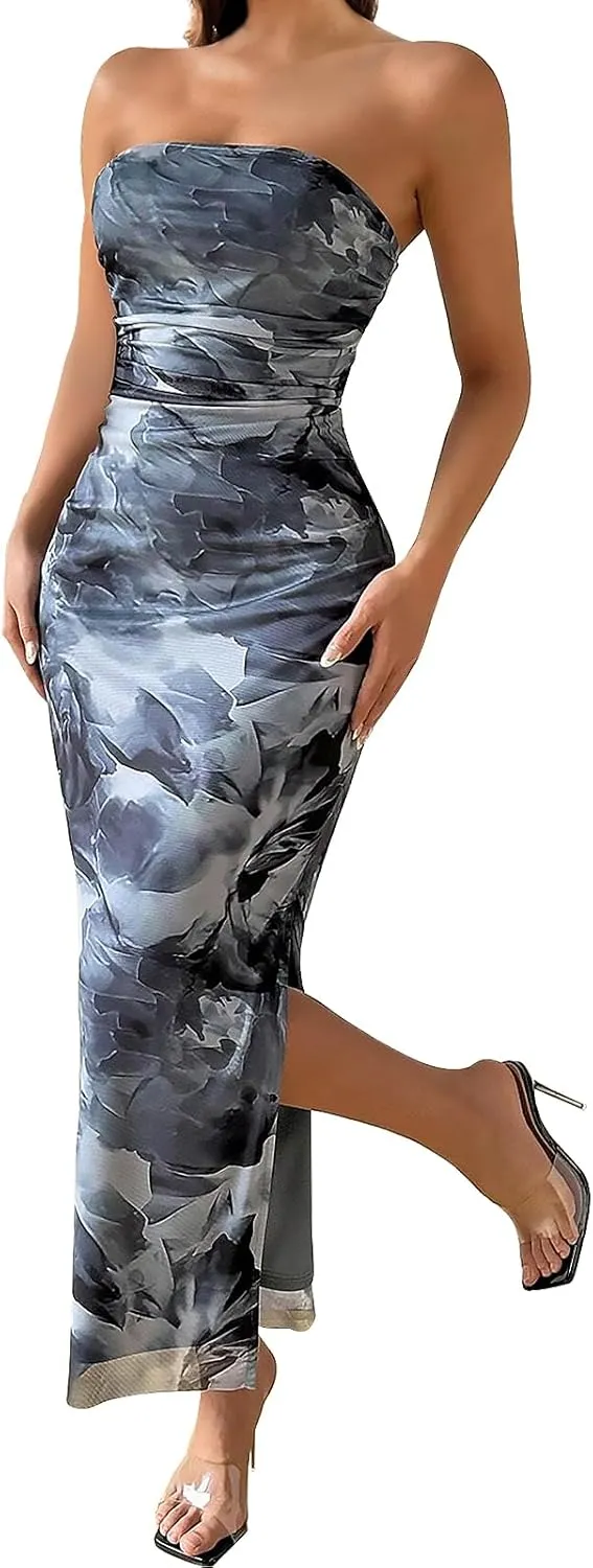 Womens 2025 Strapless Maxi Dress Sexy Printed Slip Side Tube Top Bodycon Long Dress Elegant Formal Cocktail Outfits