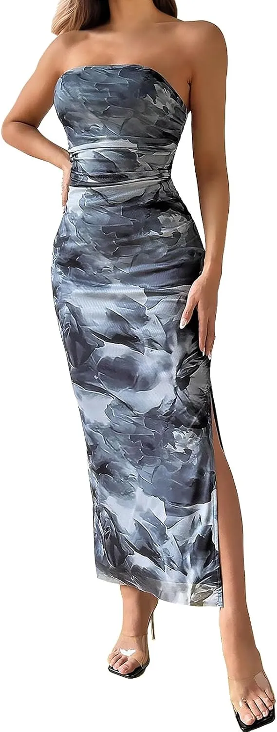 Womens 2025 Strapless Maxi Dress Sexy Printed Slip Side Tube Top Bodycon Long Dress Elegant Formal Cocktail Outfits