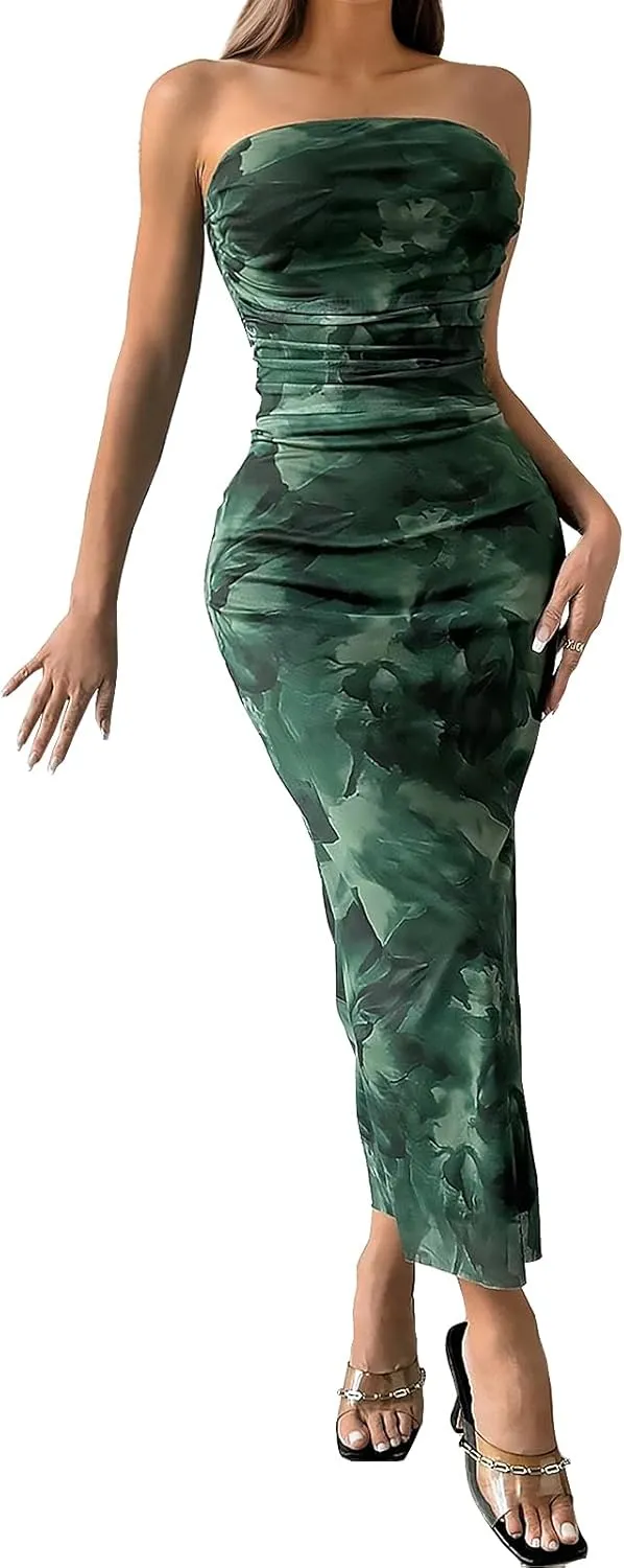 Womens 2025 Strapless Maxi Dress Sexy Printed Slip Side Tube Top Bodycon Long Dress Elegant Formal Cocktail Outfits