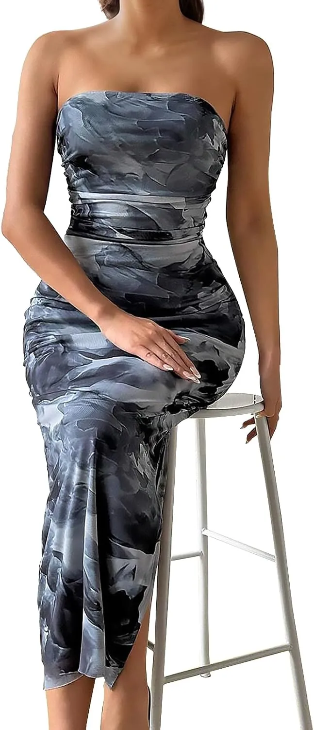 Womens 2025 Strapless Maxi Dress Sexy Printed Slip Side Tube Top Bodycon Long Dress Elegant Formal Cocktail Outfits