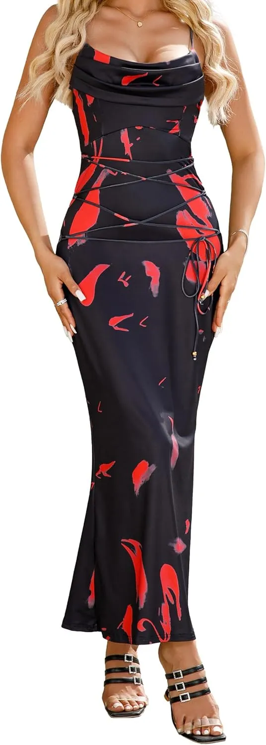 Women's 2025 Summer Sexy Print Maxi Dress Floral Square Neck Spaghetti Strap Bodycon Slip Long Dresses