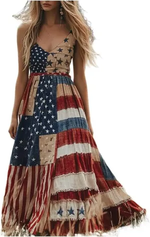 Women's Independence Day Patch Art Line Dress Floral American Flag Dresses