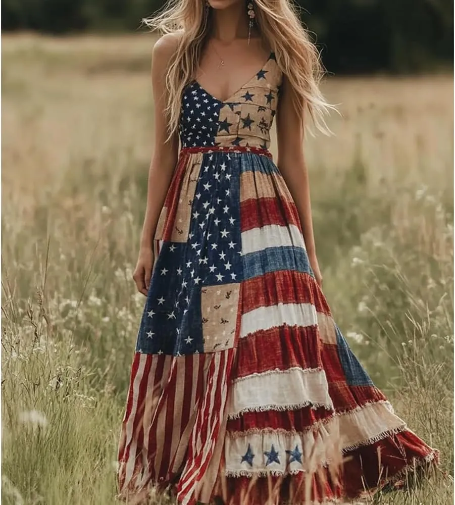 Women's Independence Day Patch Art Line Dress Floral American Flag Dresses