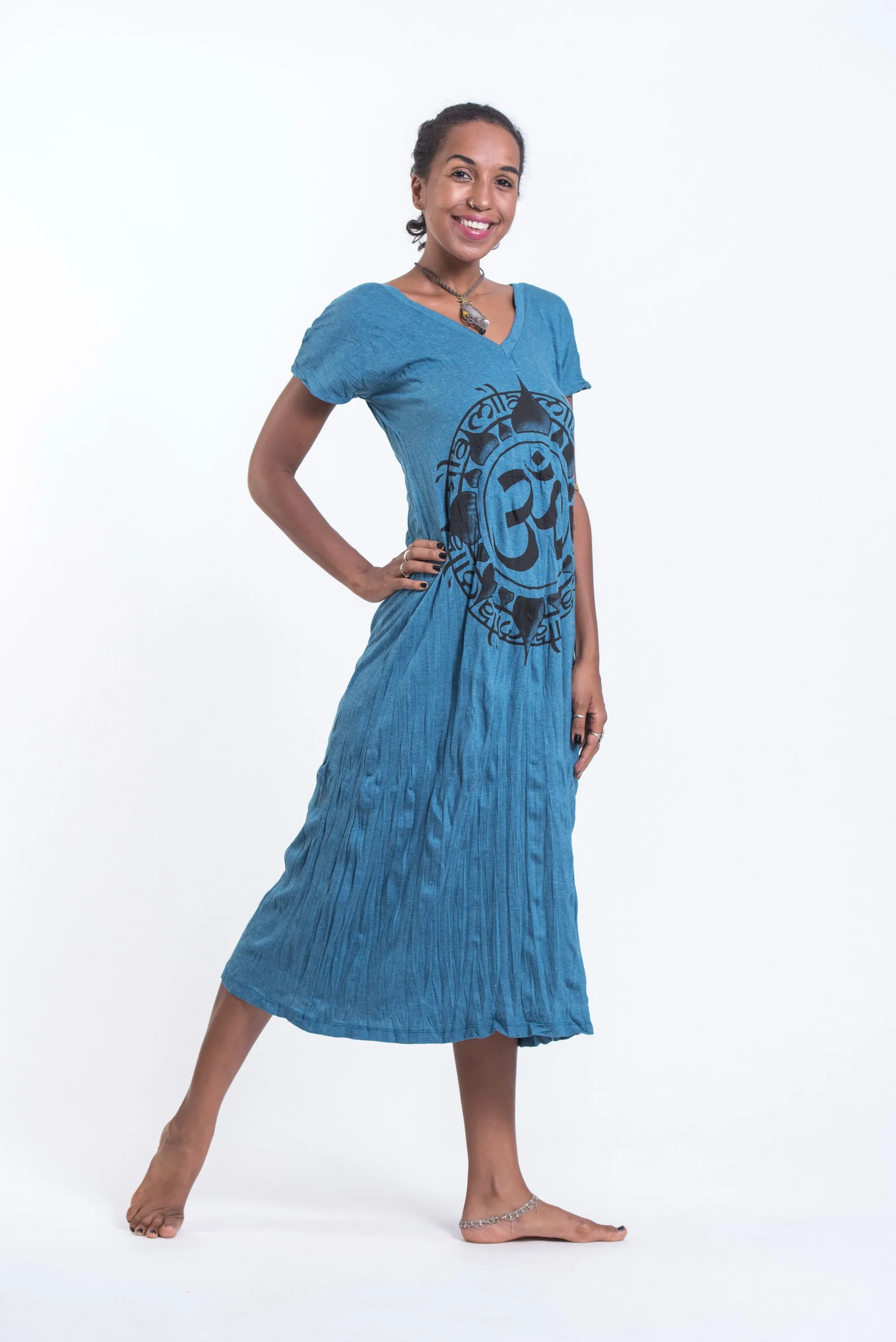 Womens Infinitee Om V Neck Long Dress in Denim Blue