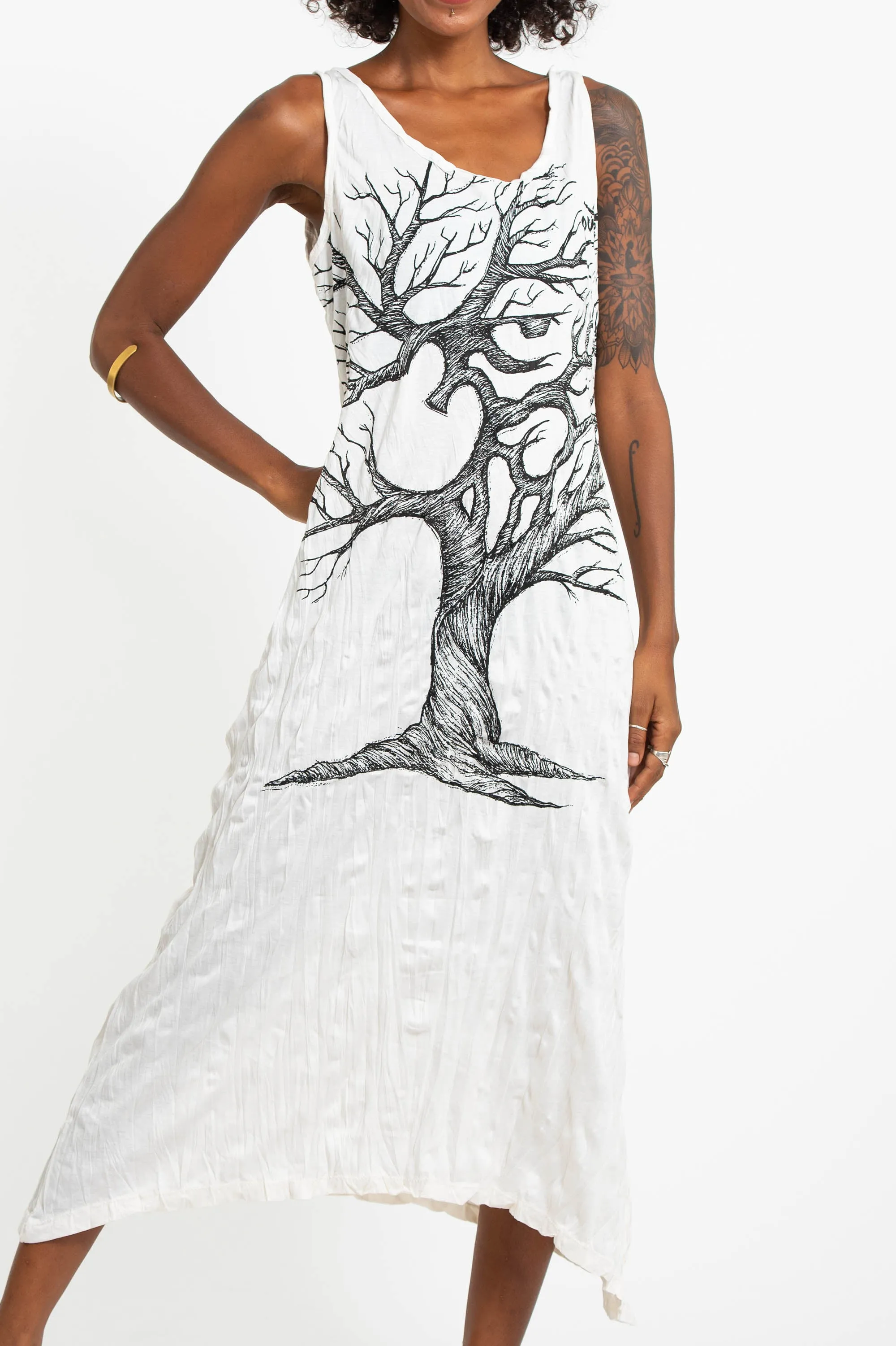 Womens Om Tree Long Tank Dress in White