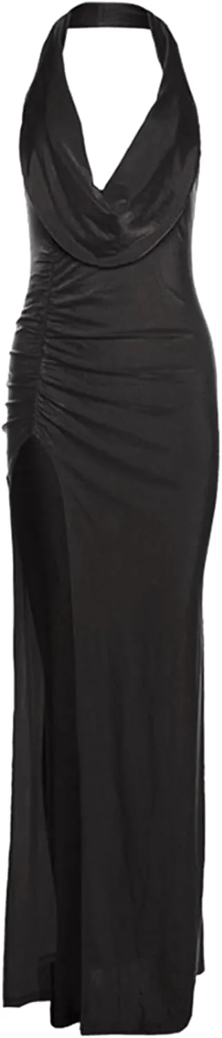 Women's Satin Sleeveless Long Dress Sexy Slip Deep V Cowl Neck Silky Cocktail Party Dresses