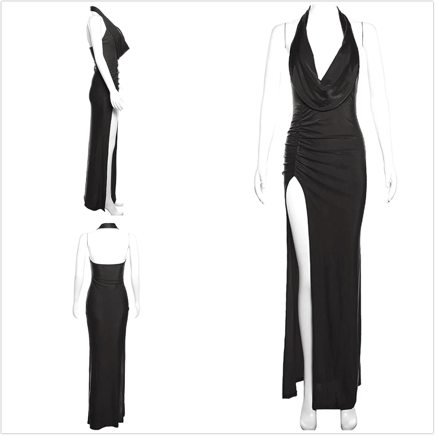 Women's Satin Sleeveless Long Dress Sexy Slip Deep V Cowl Neck Silky Cocktail Party Dresses