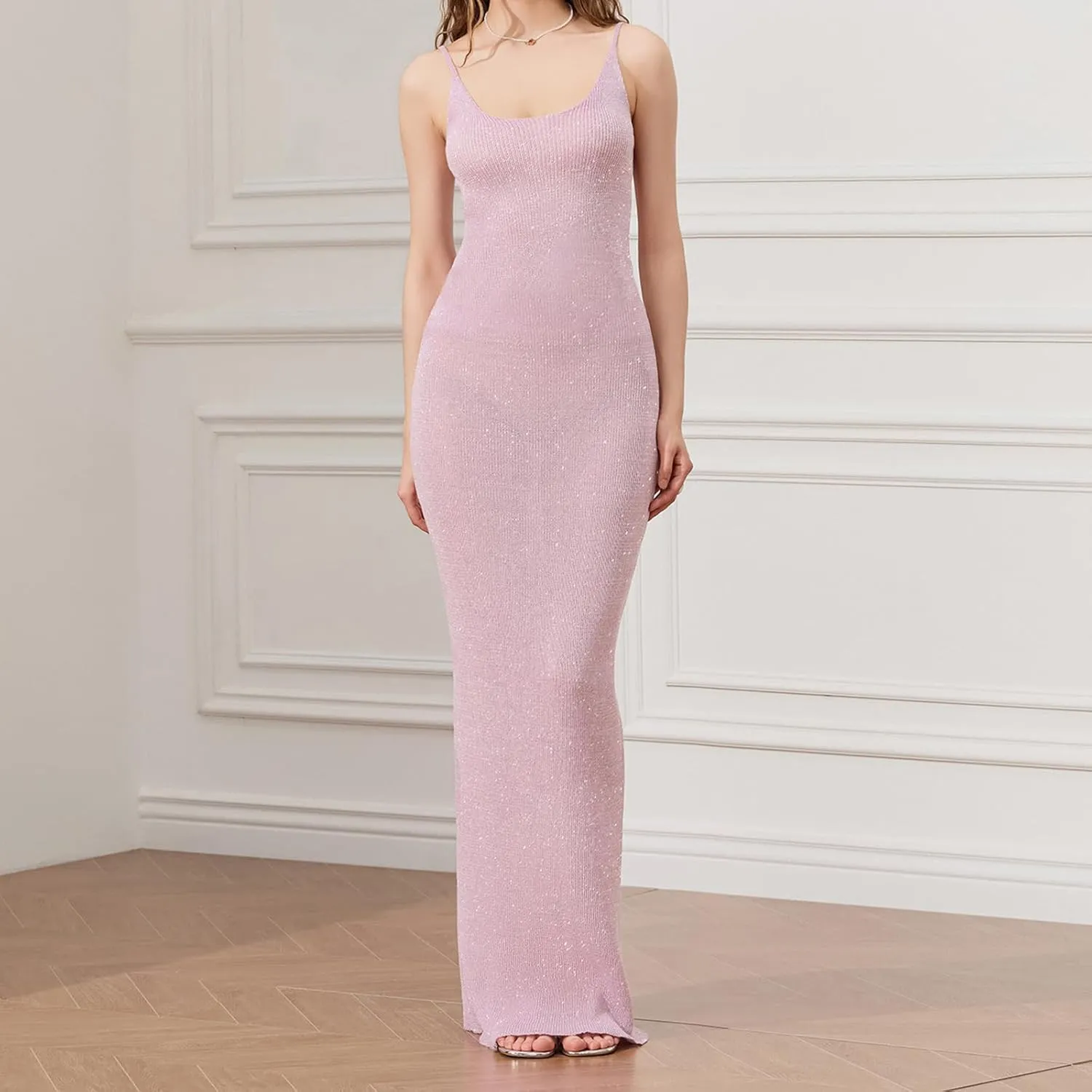 Women's Sleeveless Bodycon Slip Dress Ribbed Knit Sparkle Spaghetti Strap Backless Maxi Long Dresses