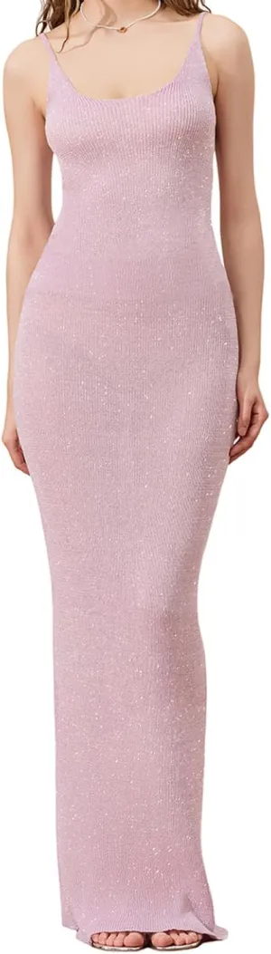 Women's Sleeveless Bodycon Slip Dress Ribbed Knit Sparkle Spaghetti Strap Backless Maxi Long Dresses