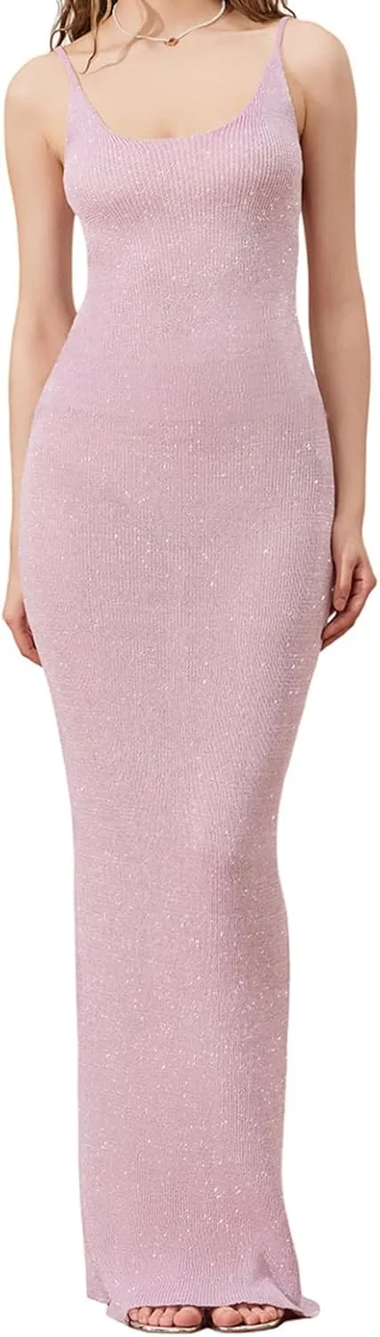 Women's Sleeveless Bodycon Slip Dress Ribbed Knit Sparkle Spaghetti Strap Backless Maxi Long Dresses