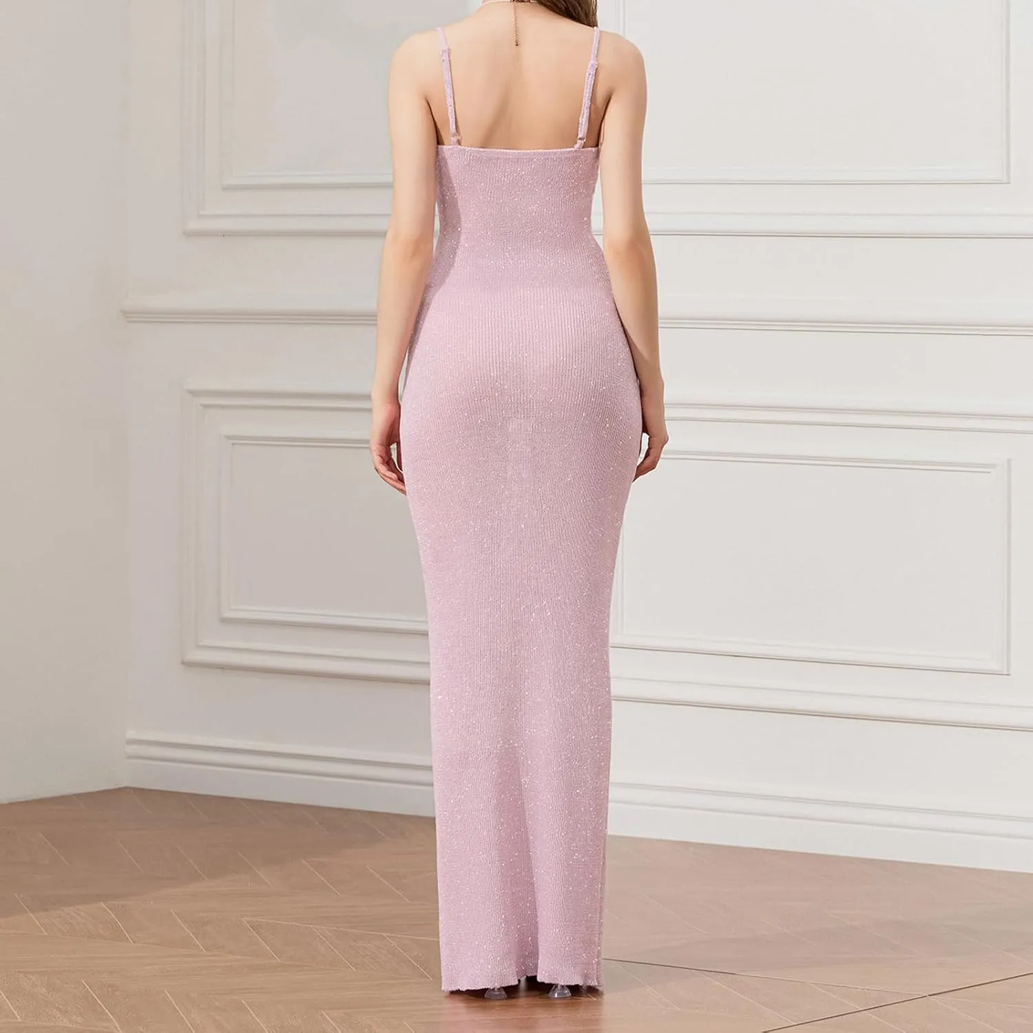 Women's Sleeveless Bodycon Slip Dress Ribbed Knit Sparkle Spaghetti Strap Backless Maxi Long Dresses