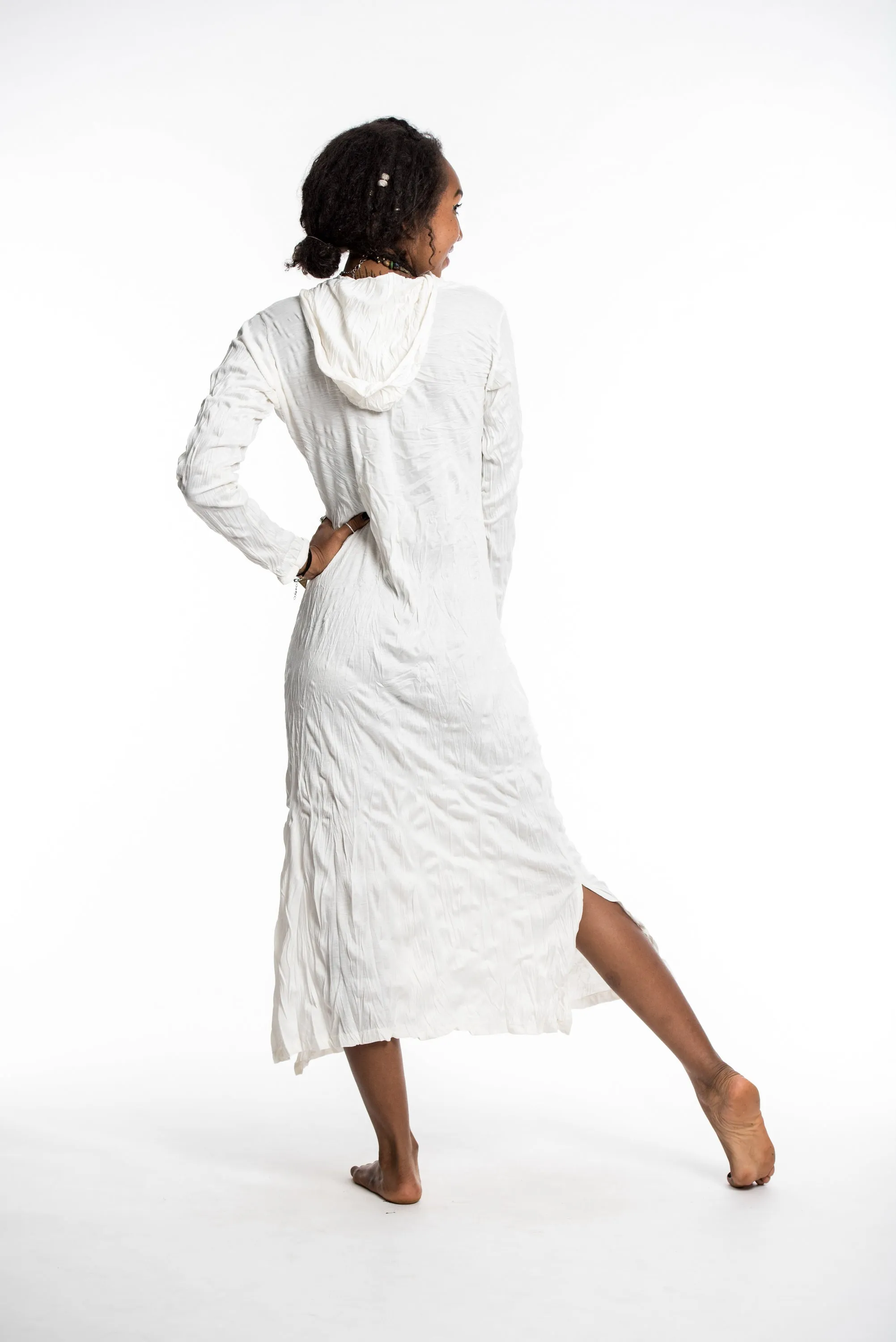 Womens Solid Color Long Hoodie Dress in White
