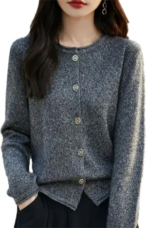 Womens Solid Merino Wool Cardigan Sweater Curly O-Neck Cardigan Knitted Base Layer Soft Warm Top