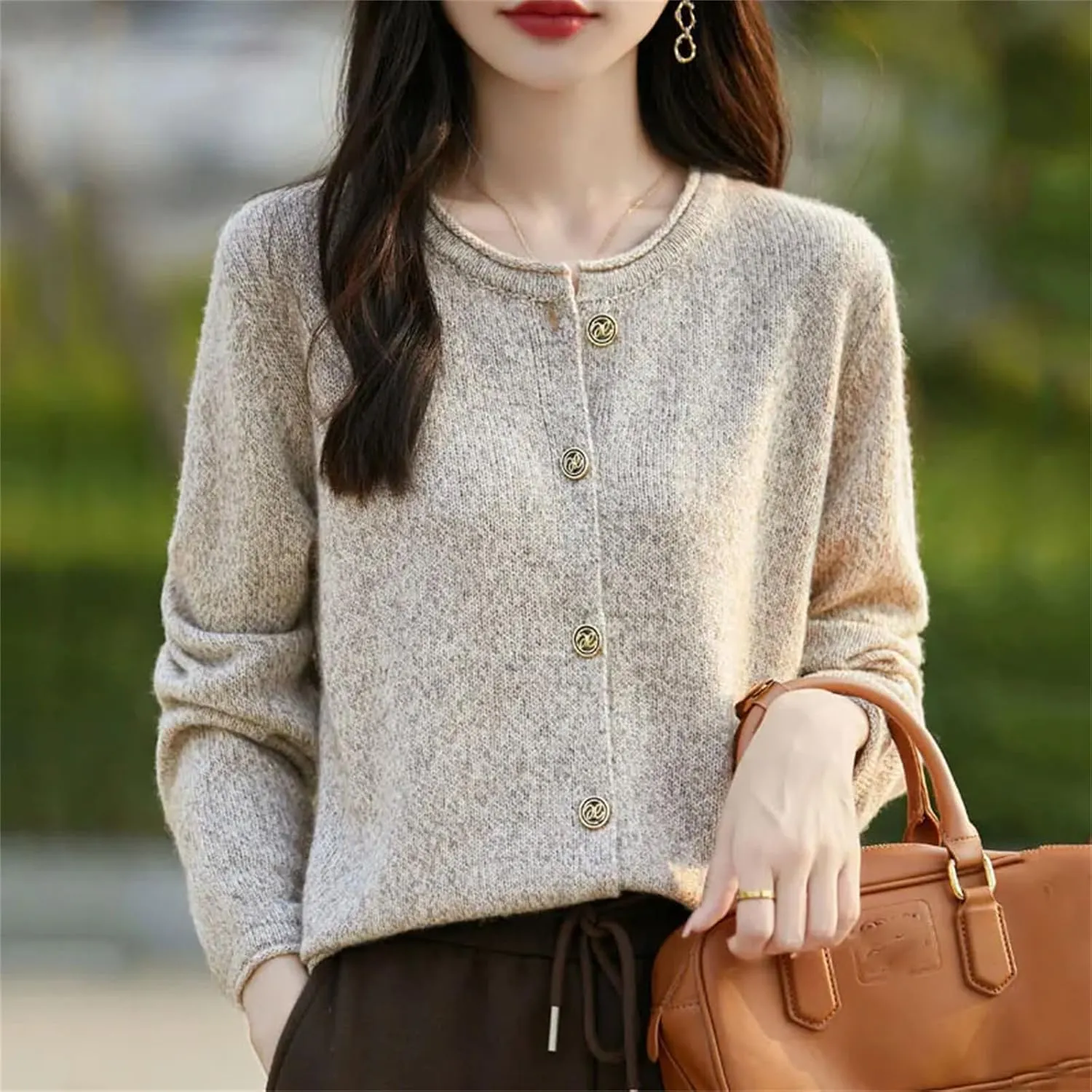 Womens Solid Merino Wool Cardigan Sweater Curly O-Neck Cardigan Knitted Base Layer Soft Warm Top