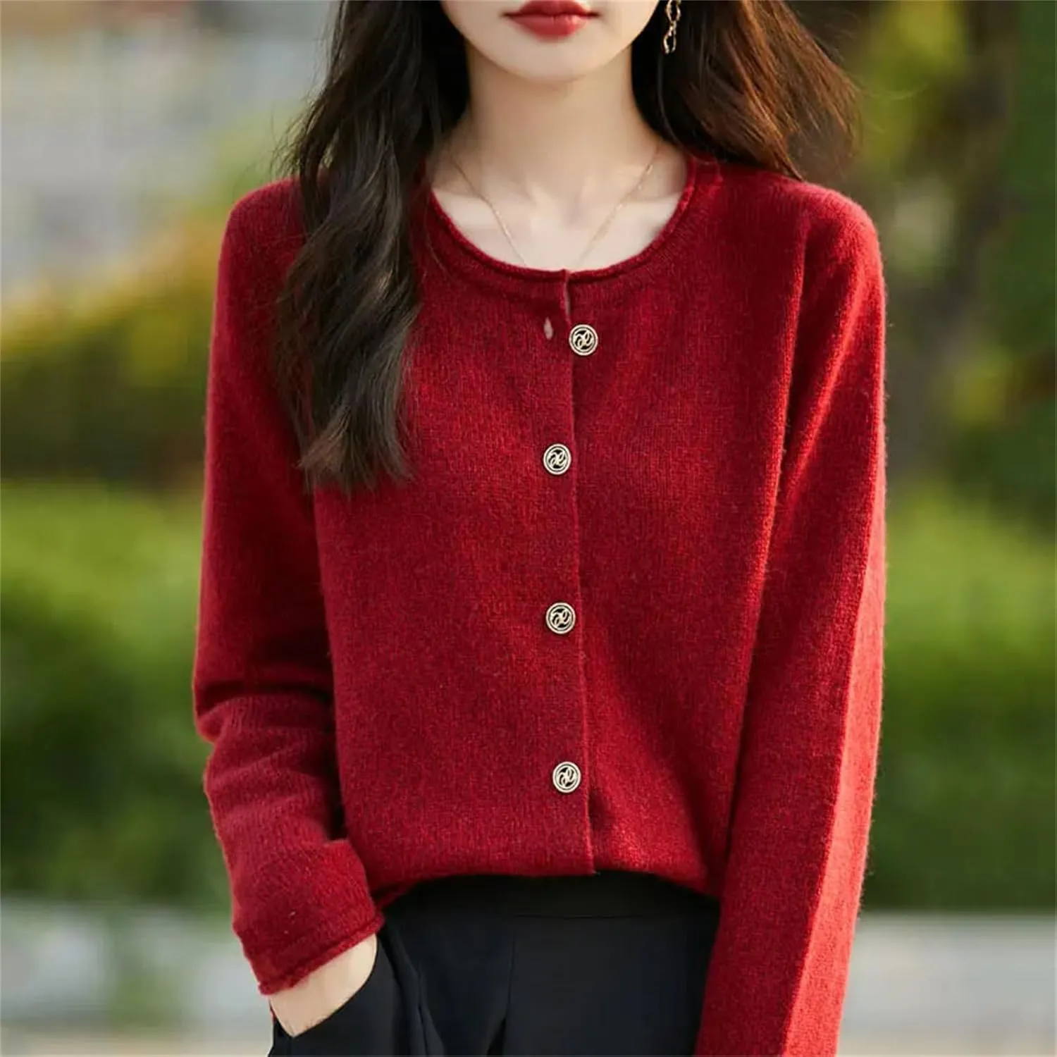 Womens Solid Merino Wool Cardigan Sweater Curly O-Neck Cardigan Knitted Base Layer Soft Warm Top