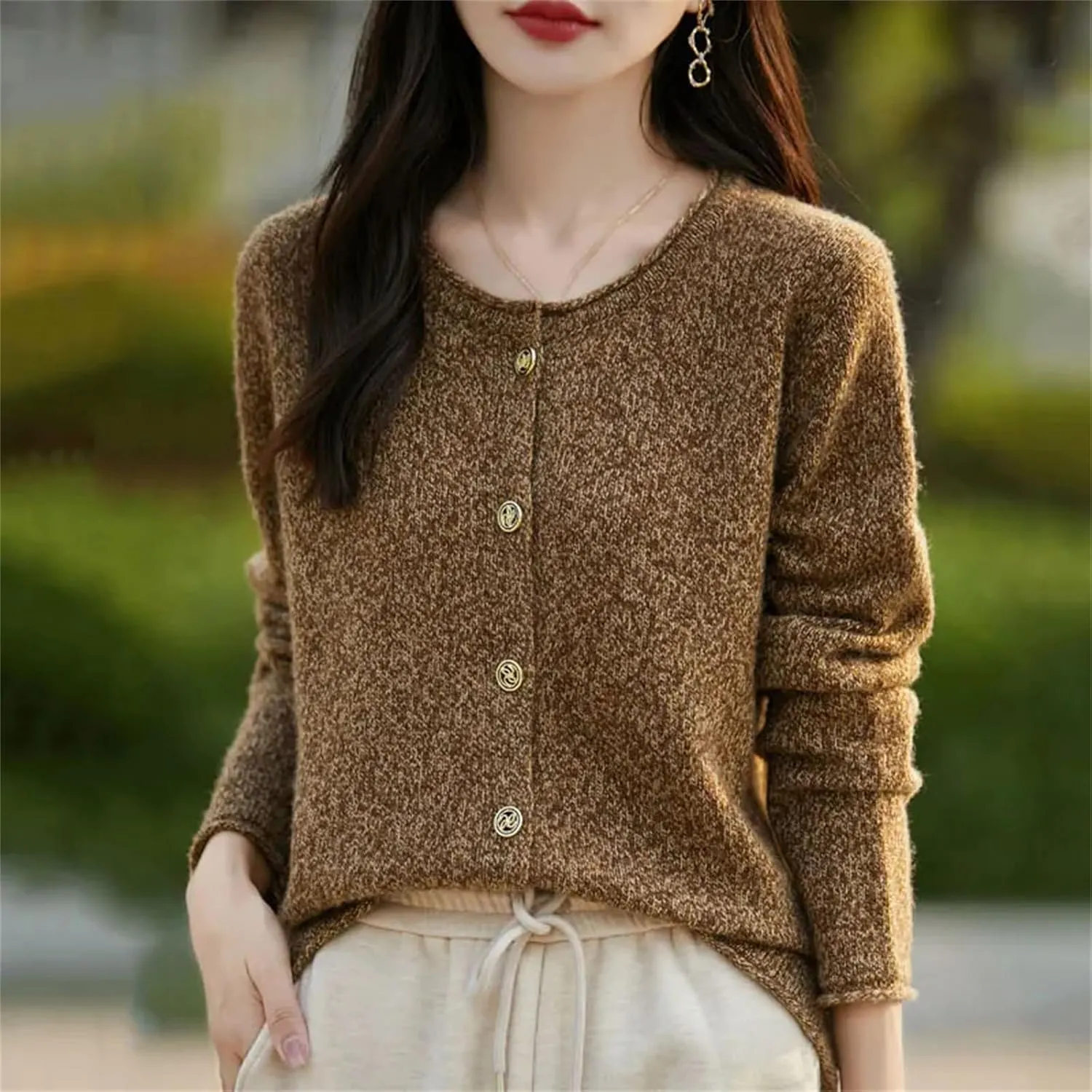 Womens Solid Merino Wool Cardigan Sweater Curly O-Neck Cardigan Knitted Base Layer Soft Warm Top