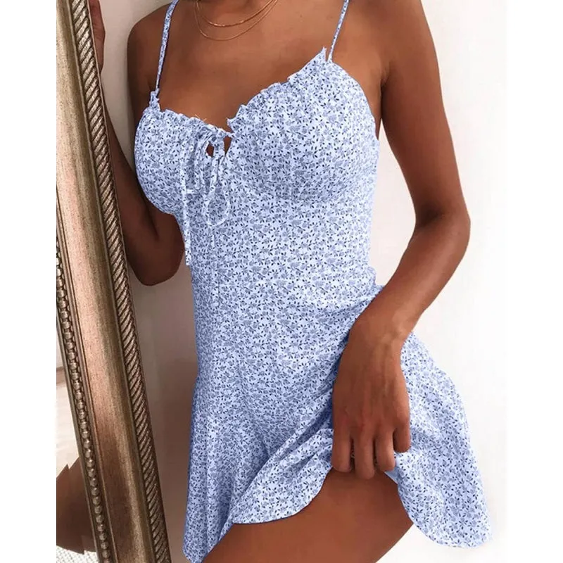 Womens Spaghetti Strap Sleeveless Floral Print Sexy Dress