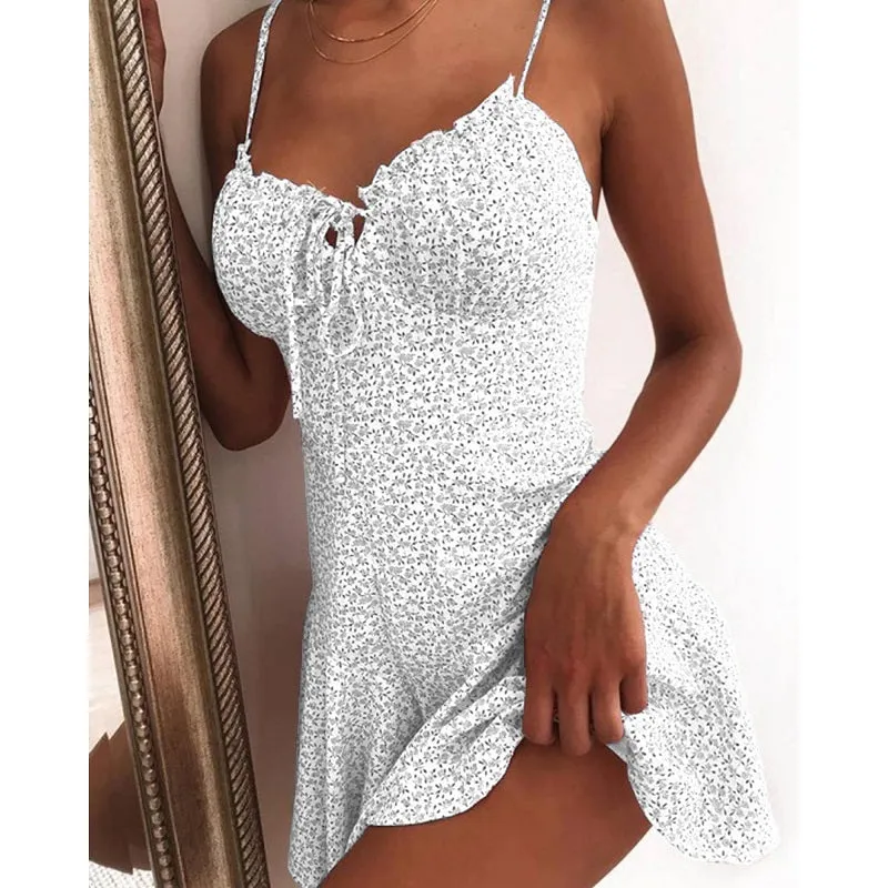 Womens Spaghetti Strap Sleeveless Floral Print Sexy Dress