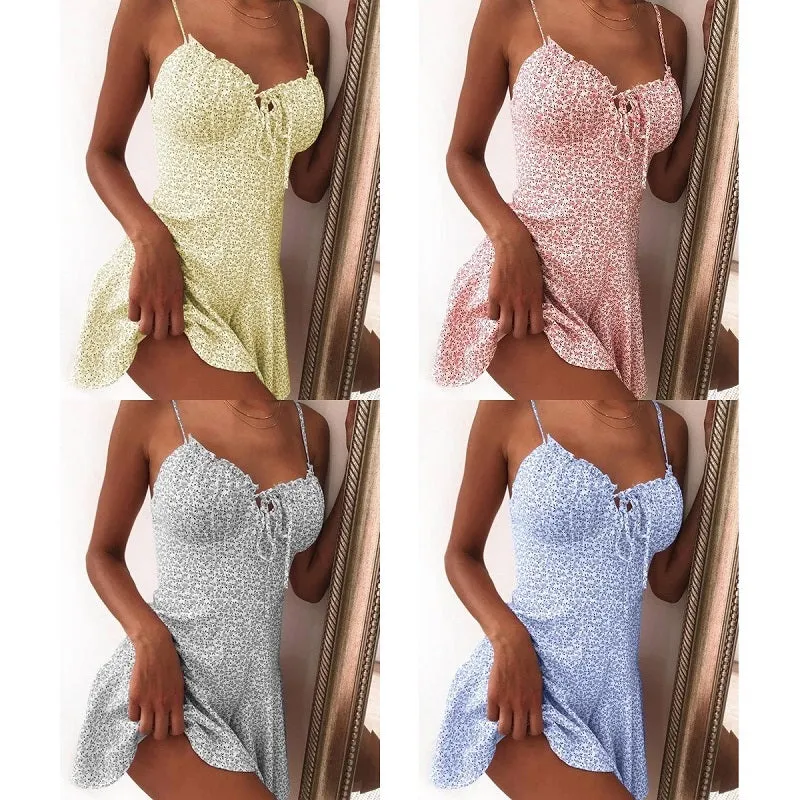 Womens Spaghetti Strap Sleeveless Floral Print Sexy Dress