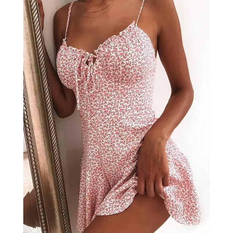 Womens Spaghetti Strap Sleeveless Floral Print Sexy Dress
