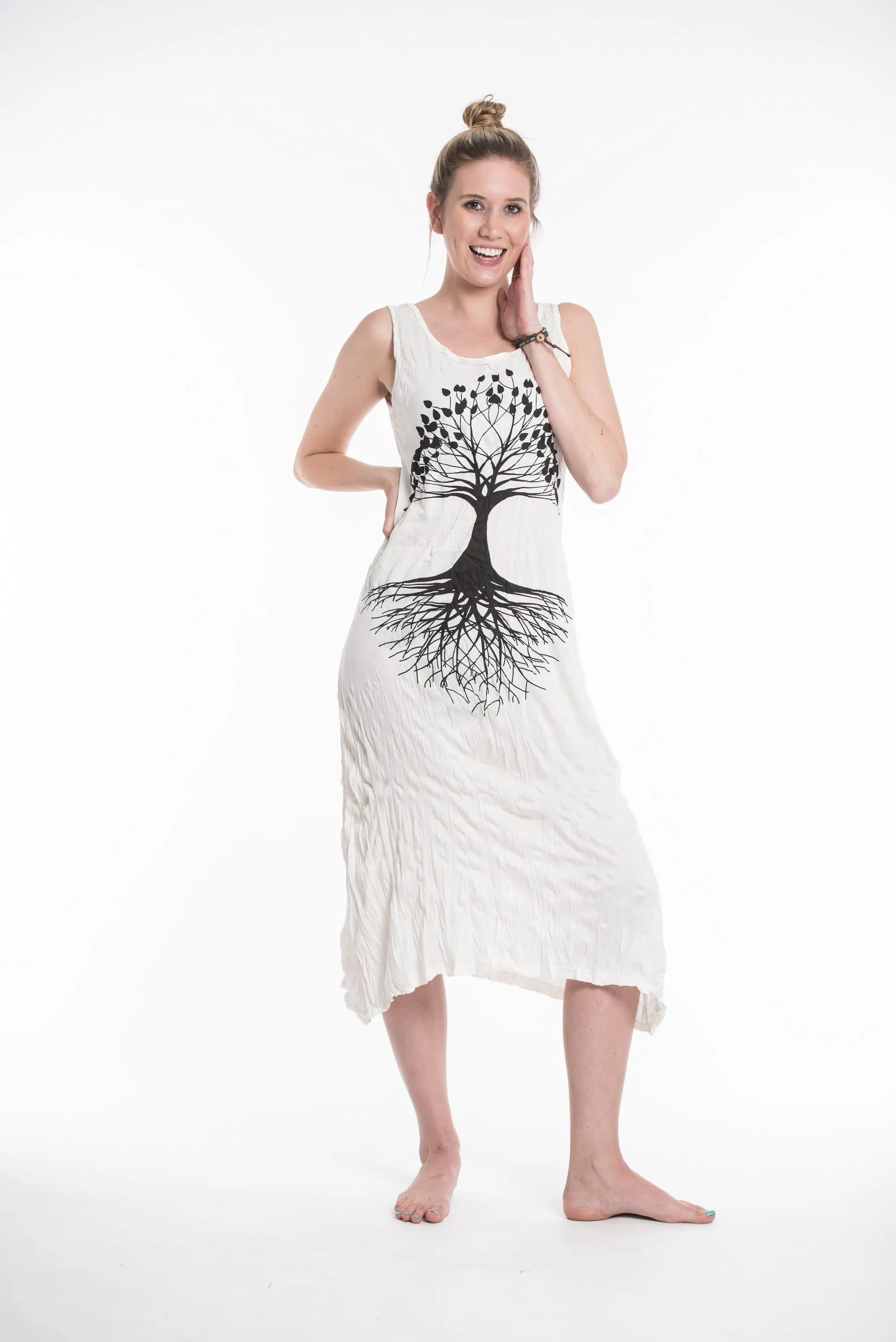 Womens Tree of Life Long Tank Dress in White
