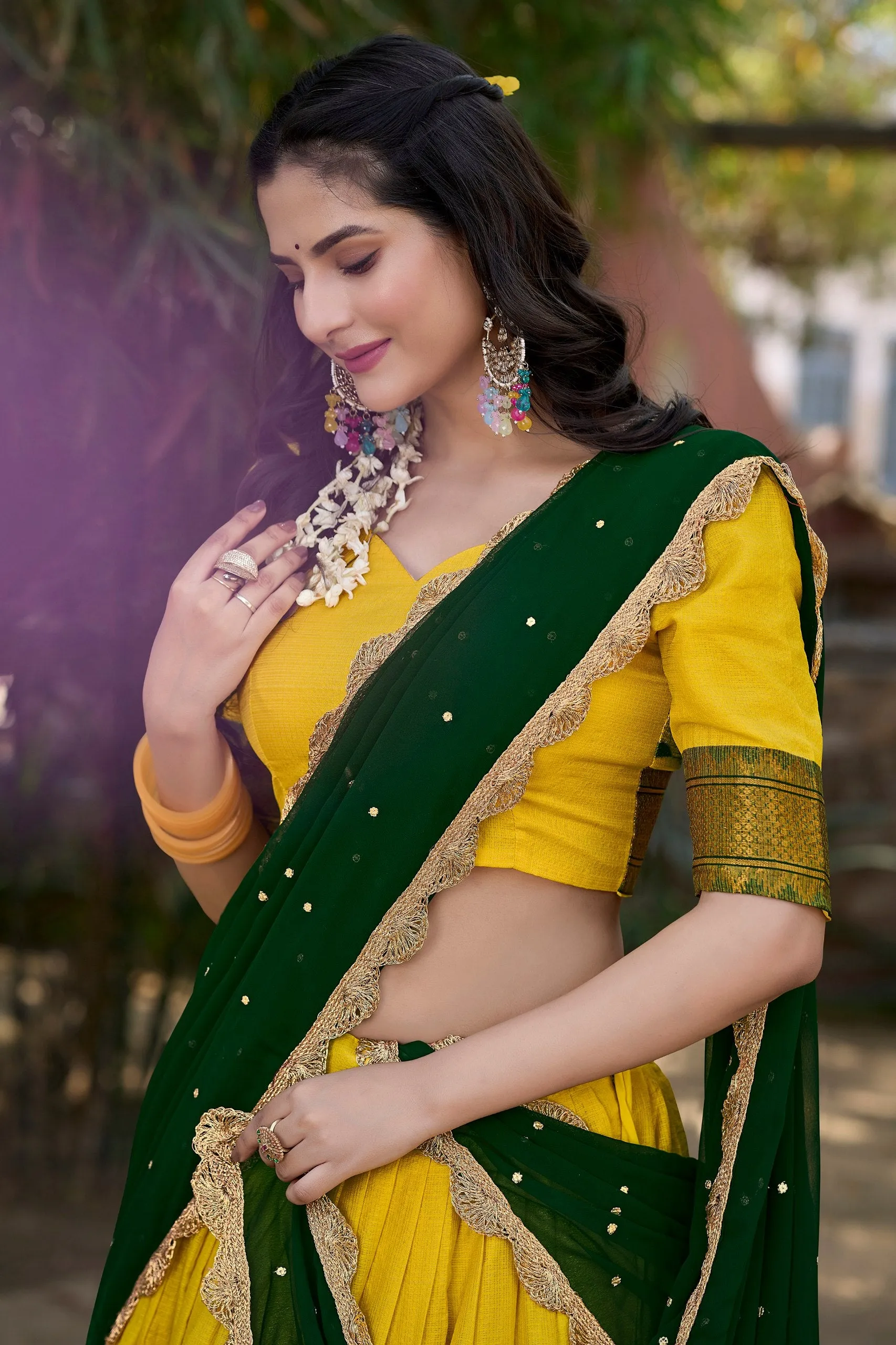 Yellow Cotton Silk Lehenga Choli with Thread Embroidery & Sequined Georgette Dupatta