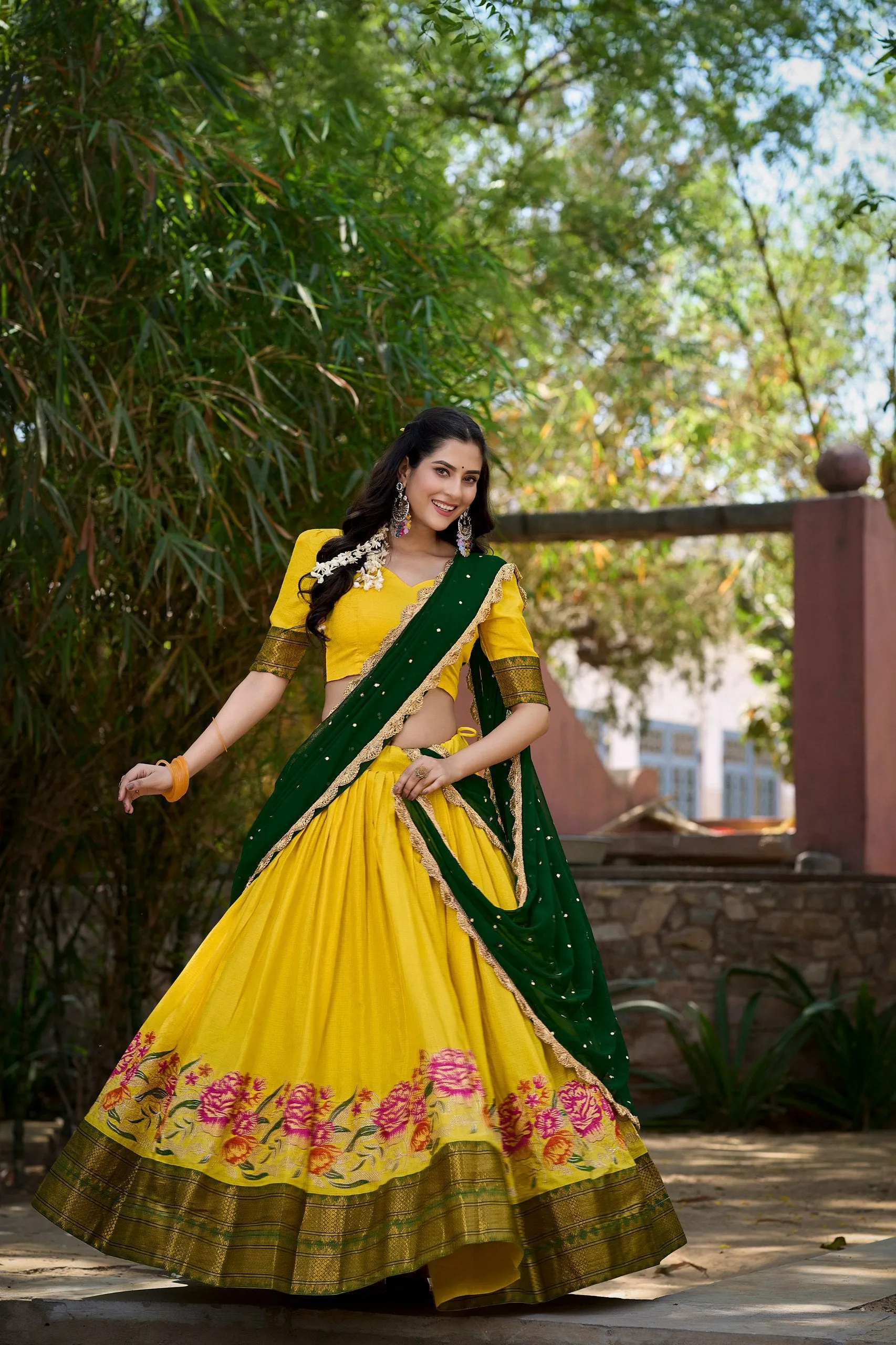 Yellow Cotton Silk Lehenga Choli with Thread Embroidery & Sequined Georgette Dupatta