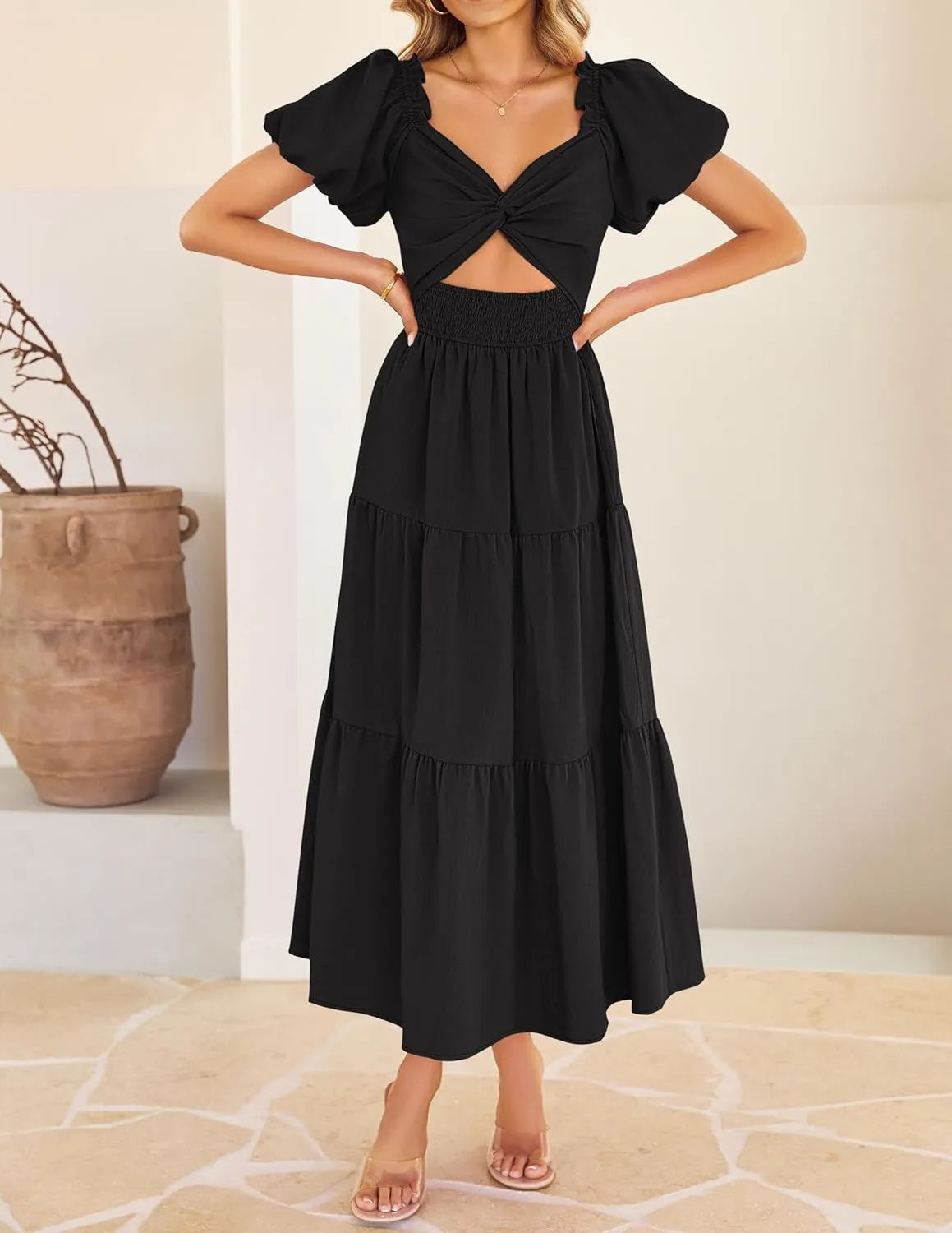 ZESICA Womens Summer 2025 Boho Vacation Dress Short Puff Sleeve Flowy Smocked Cutout A Line Beach Party Dresses