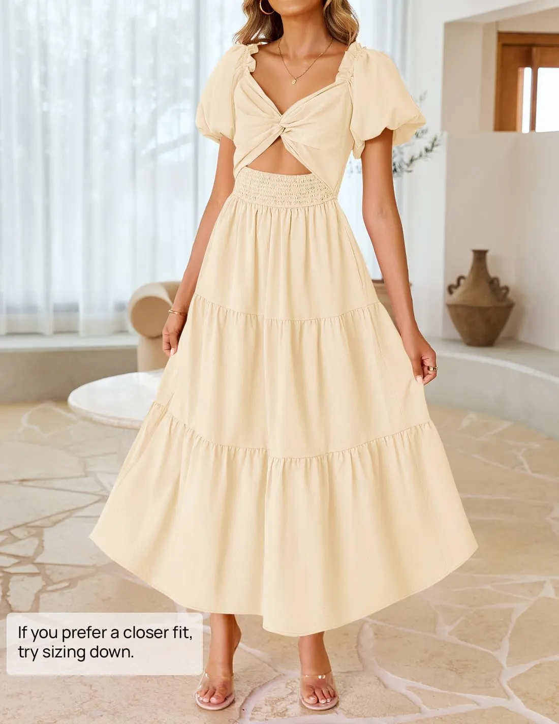 ZESICA Womens Summer 2025 Boho Vacation Dress Short Puff Sleeve Flowy Smocked Cutout A Line Beach Party Dresses