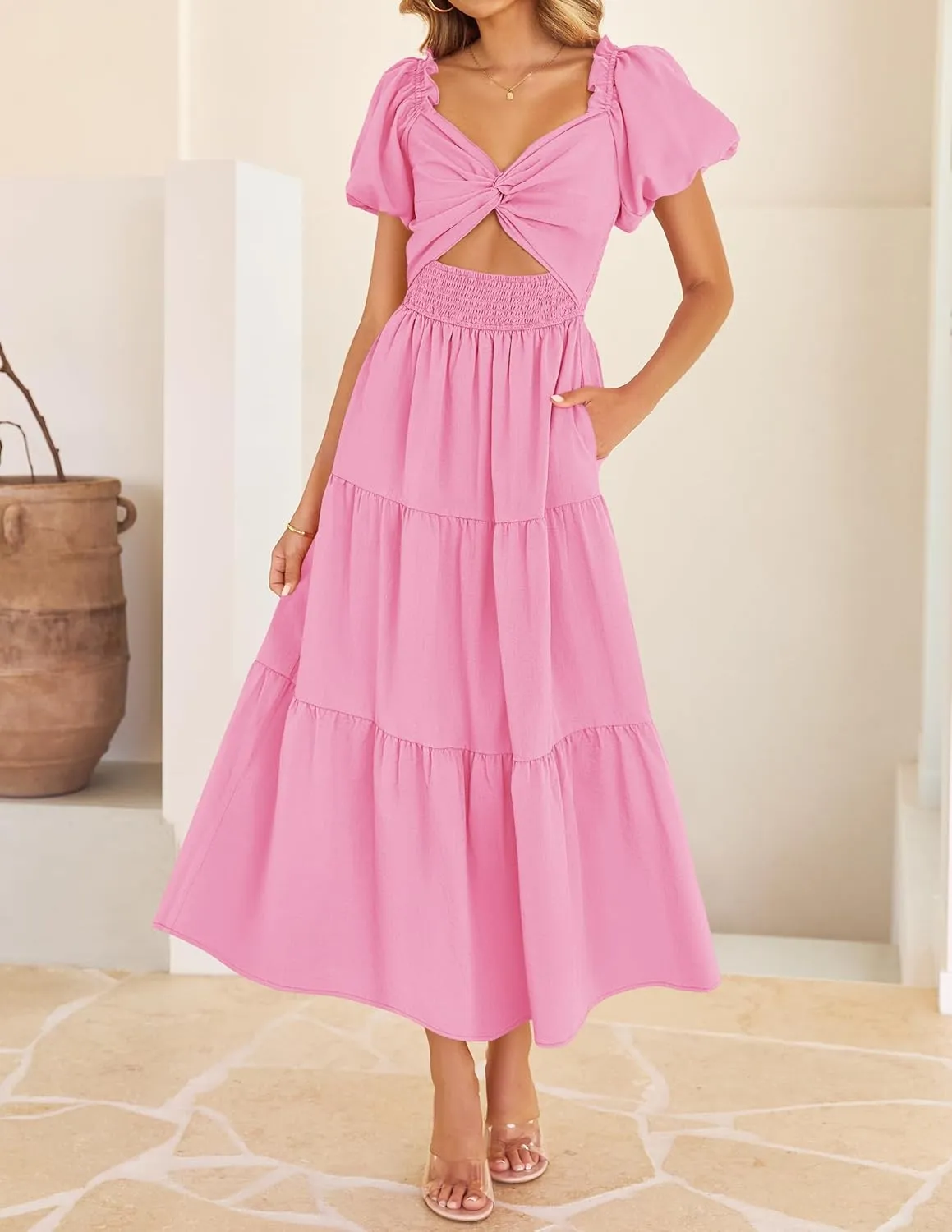 ZESICA Womens Summer 2025 Boho Vacation Dress Short Puff Sleeve Flowy Smocked Cutout A Line Beach Party Dresses