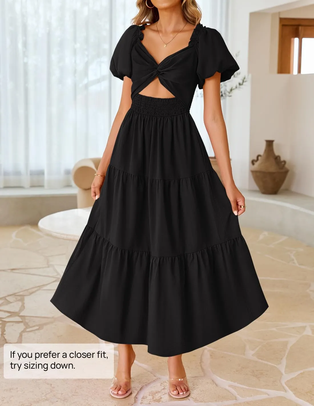 ZESICA Womens Summer 2025 Boho Vacation Dress Short Puff Sleeve Flowy Smocked Cutout A Line Beach Party Dresses
