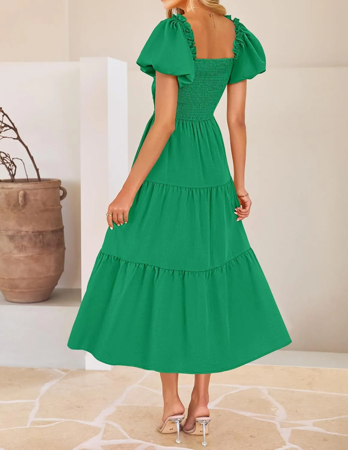 ZESICA Womens Summer 2025 Boho Vacation Dress Short Puff Sleeve Flowy Smocked Cutout A Line Beach Party Dresses