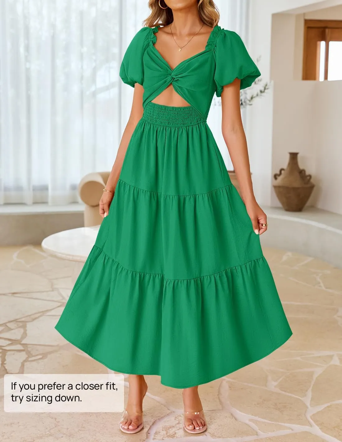 ZESICA Womens Summer 2025 Boho Vacation Dress Short Puff Sleeve Flowy Smocked Cutout A Line Beach Party Dresses