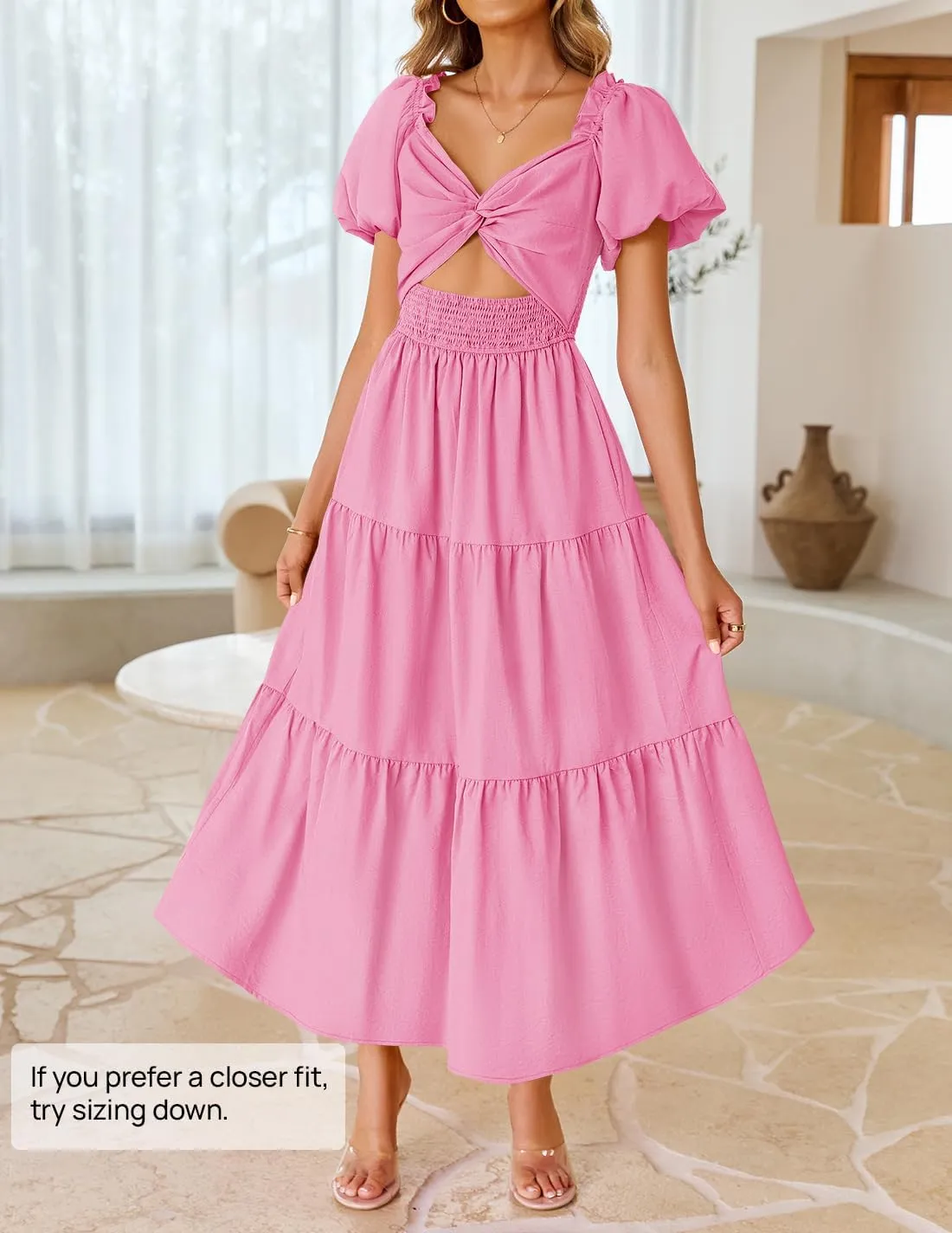 ZESICA Womens Summer 2025 Boho Vacation Dress Short Puff Sleeve Flowy Smocked Cutout A Line Beach Party Dresses